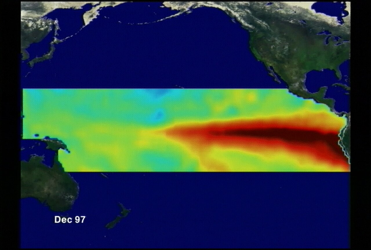 Pacific sea-surface temperature anomaly map illustrating El Niño warming pattern (historical NASA visualization)