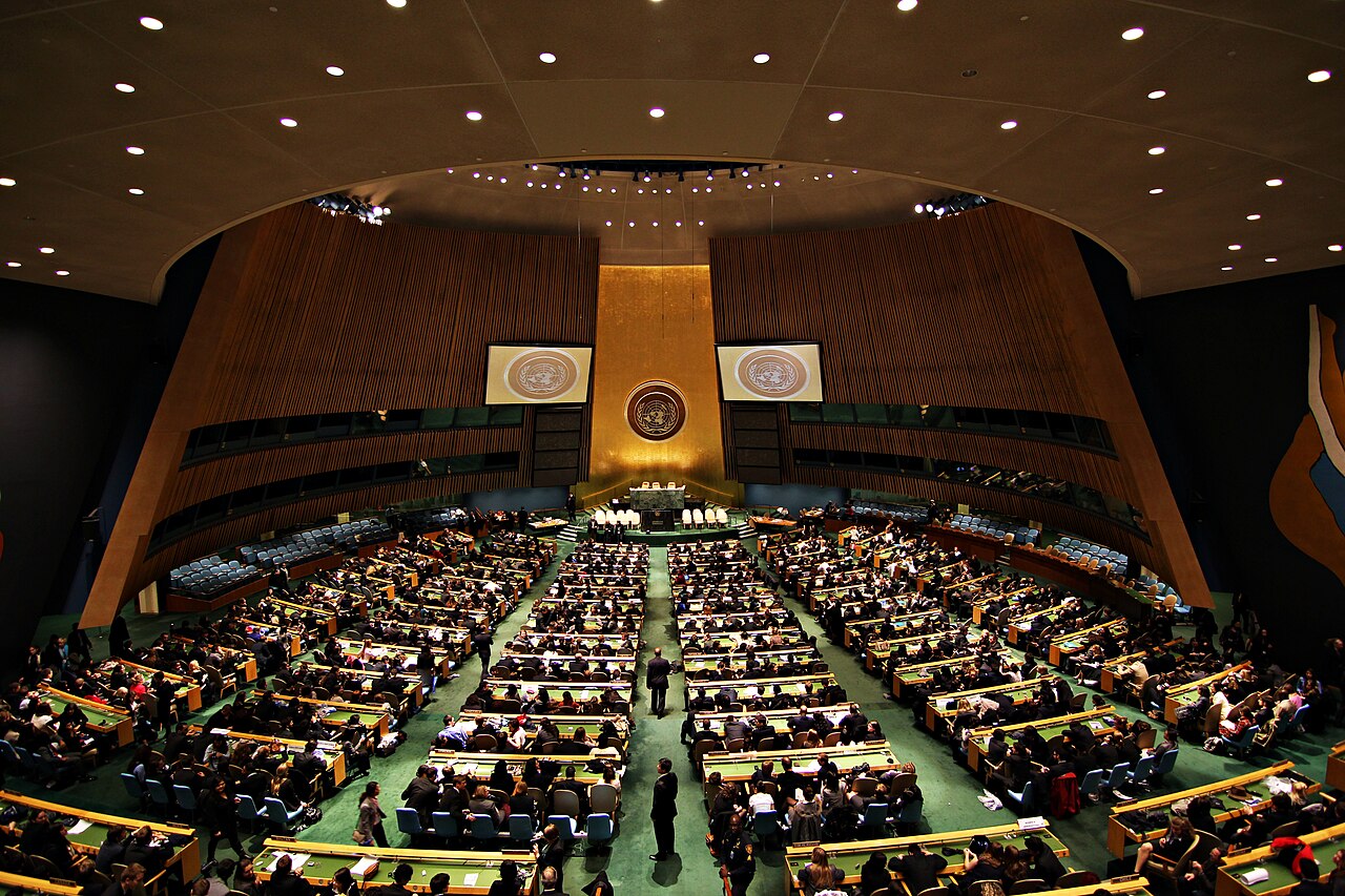 Interior of the United Nations General Assembly Hall at UN Headquarters in New York