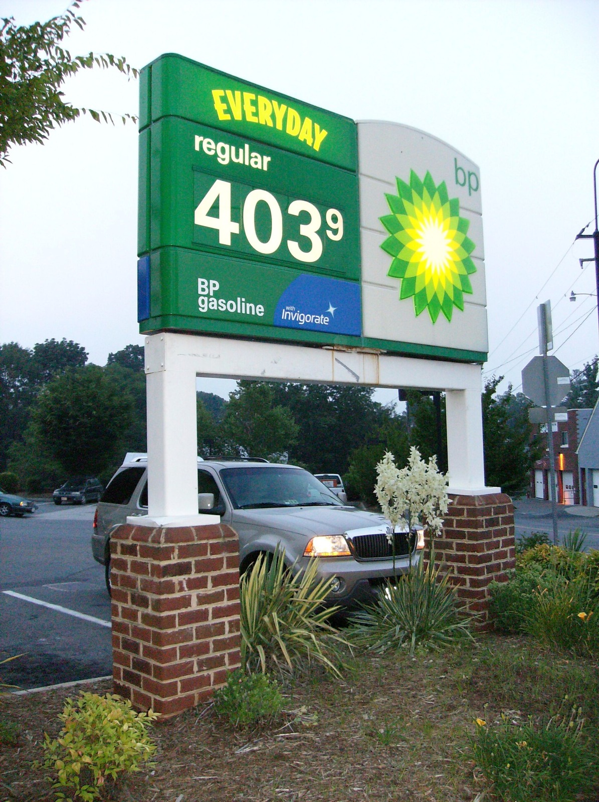 Gasoline price sign at a BP station showing pump prices