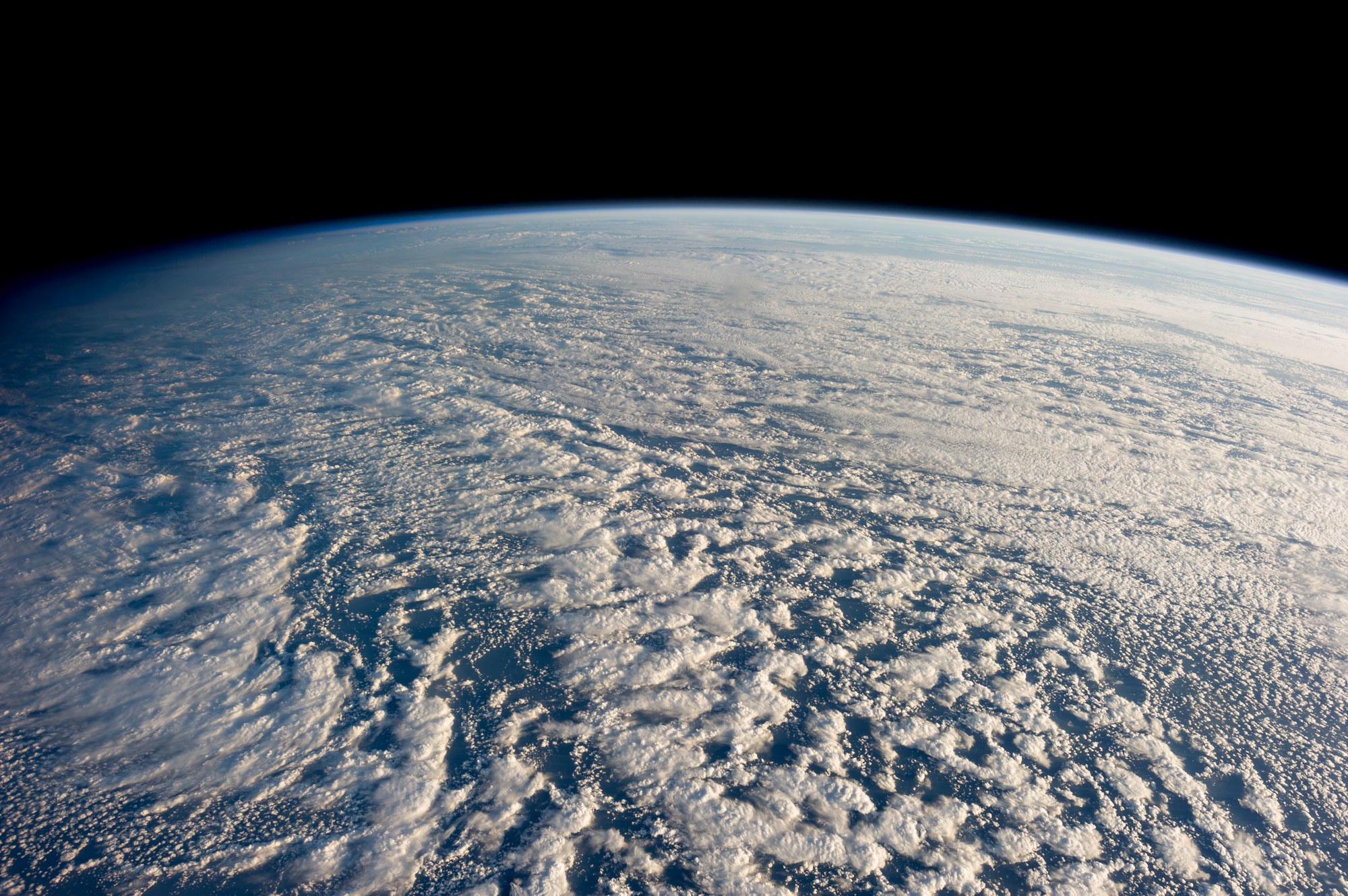Stratocumulus clouds over the Pacific Ocean seen from the International Space Station, with Earth limb and space above