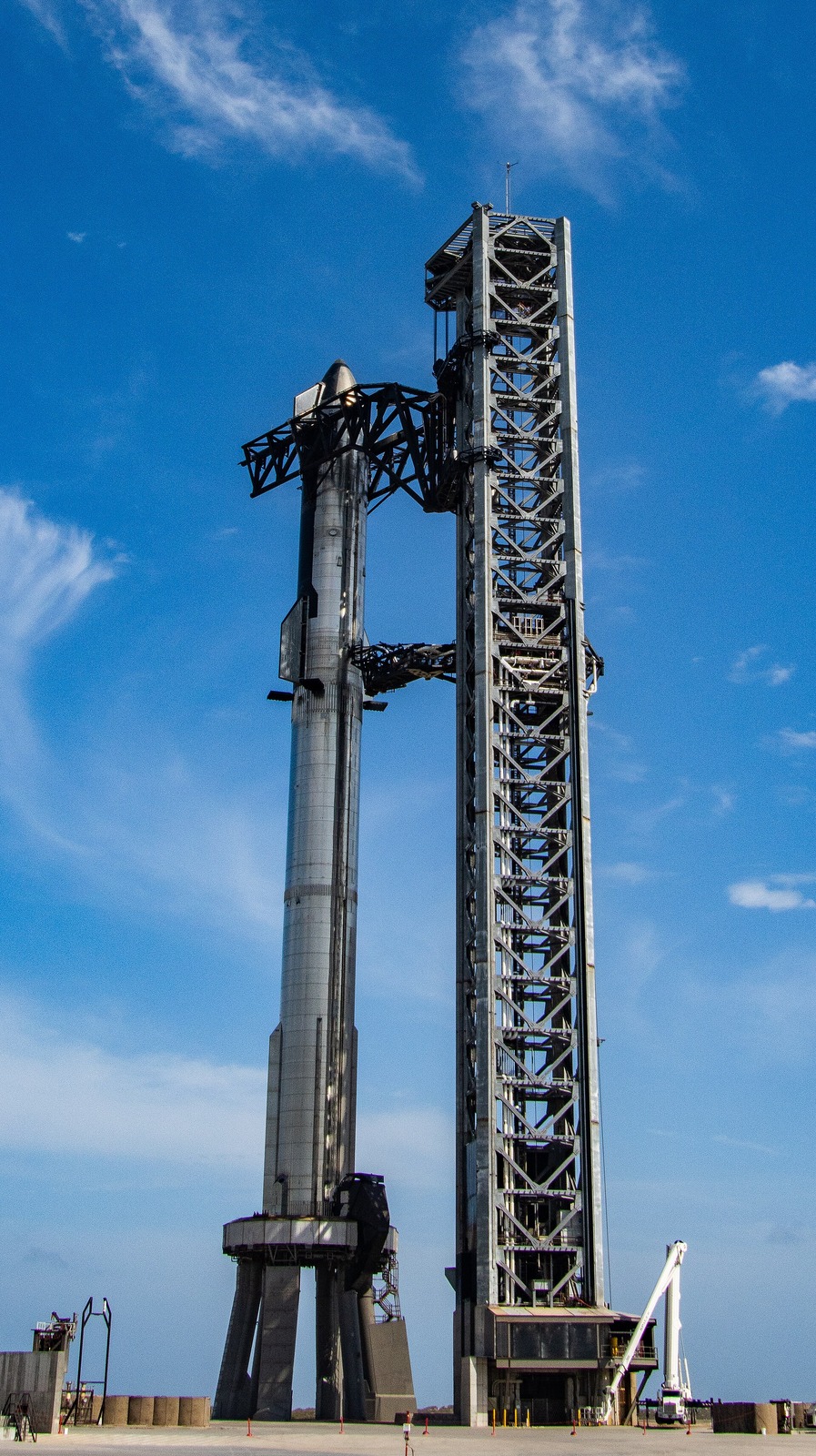 Full stack SpaceX Starship on the launch pad at Boca Chica