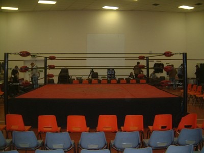 Professional wrestling ring under arena lights