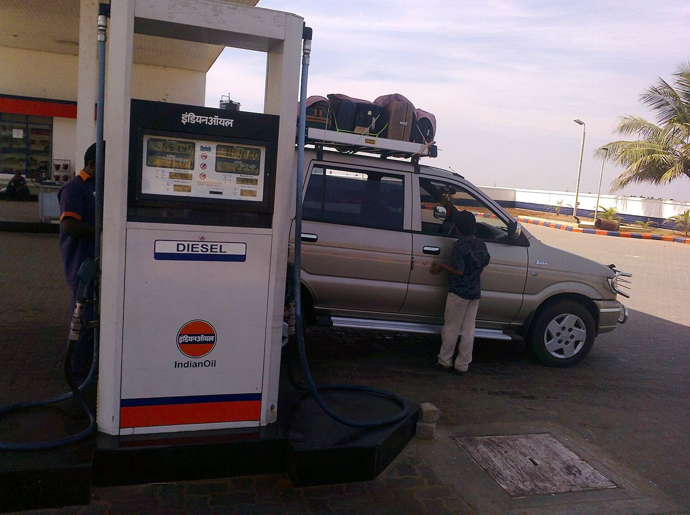 Gas station pumps at a retail fueling station