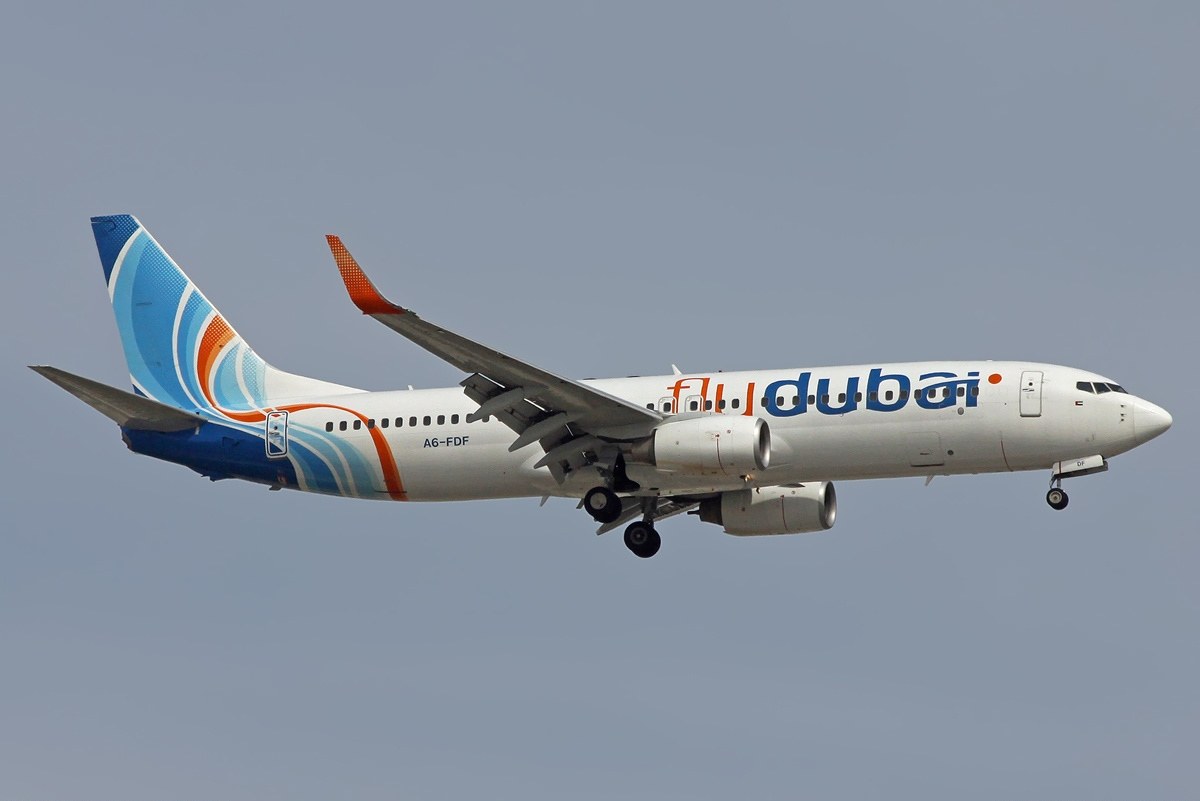 Flydubai Boeing 737-8KN commercial jet at an airport