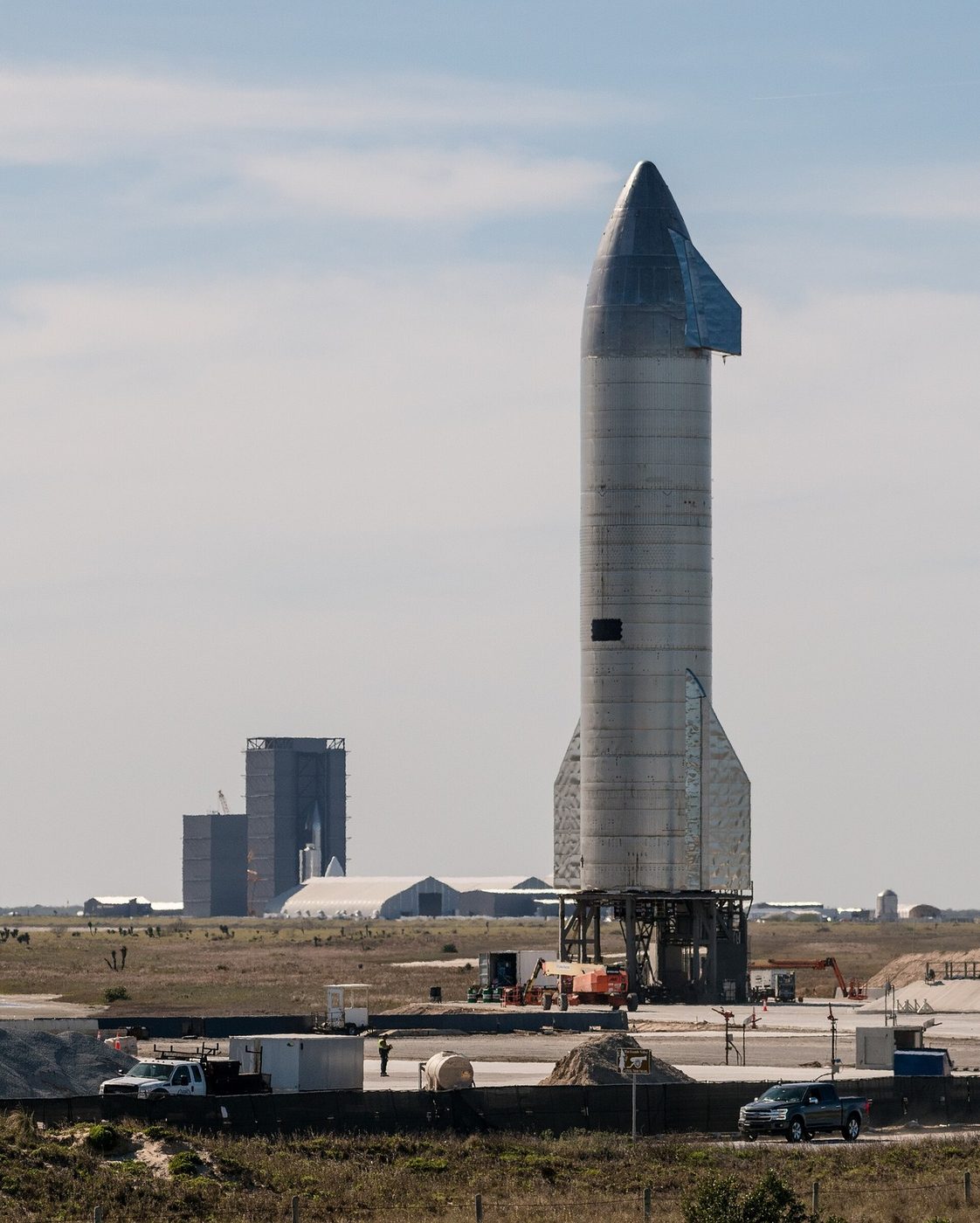 SpaceX Starship prototype on a launch mount at Boca Chica