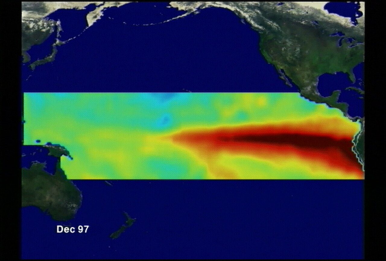 Pacific Ocean temperature anomaly map highlighting warm El Niño waters