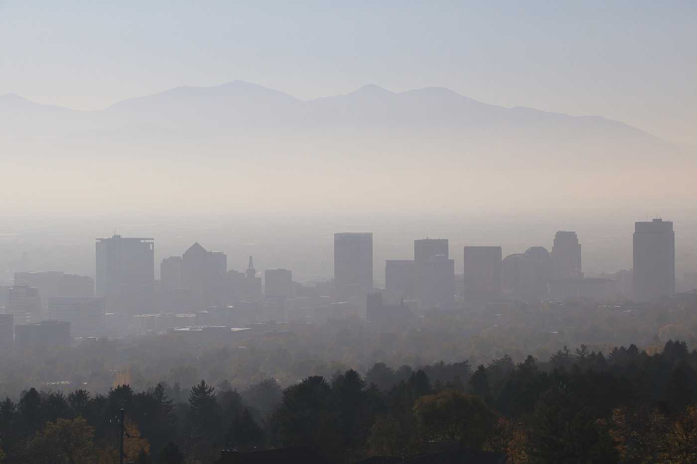 Salt Lake City skyline in autumn smog and haze