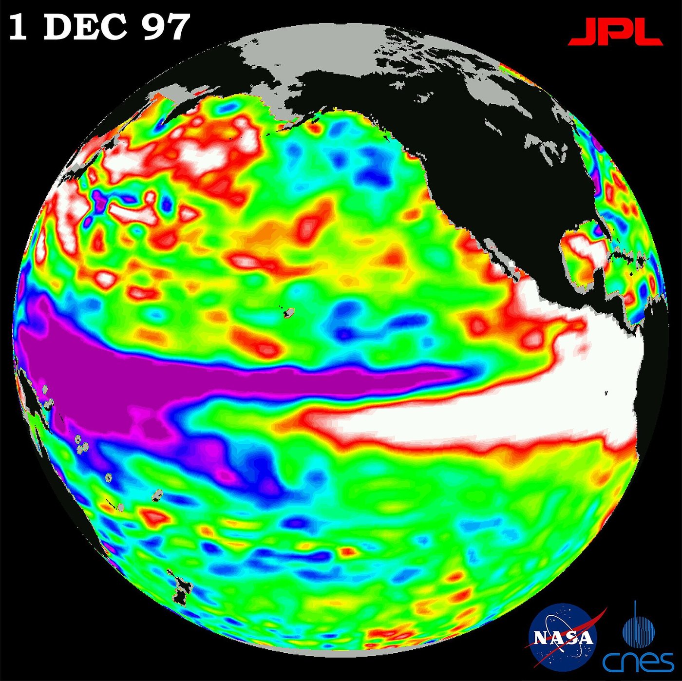 Satellite map of Pacific sea levels during the 1997 El Nino