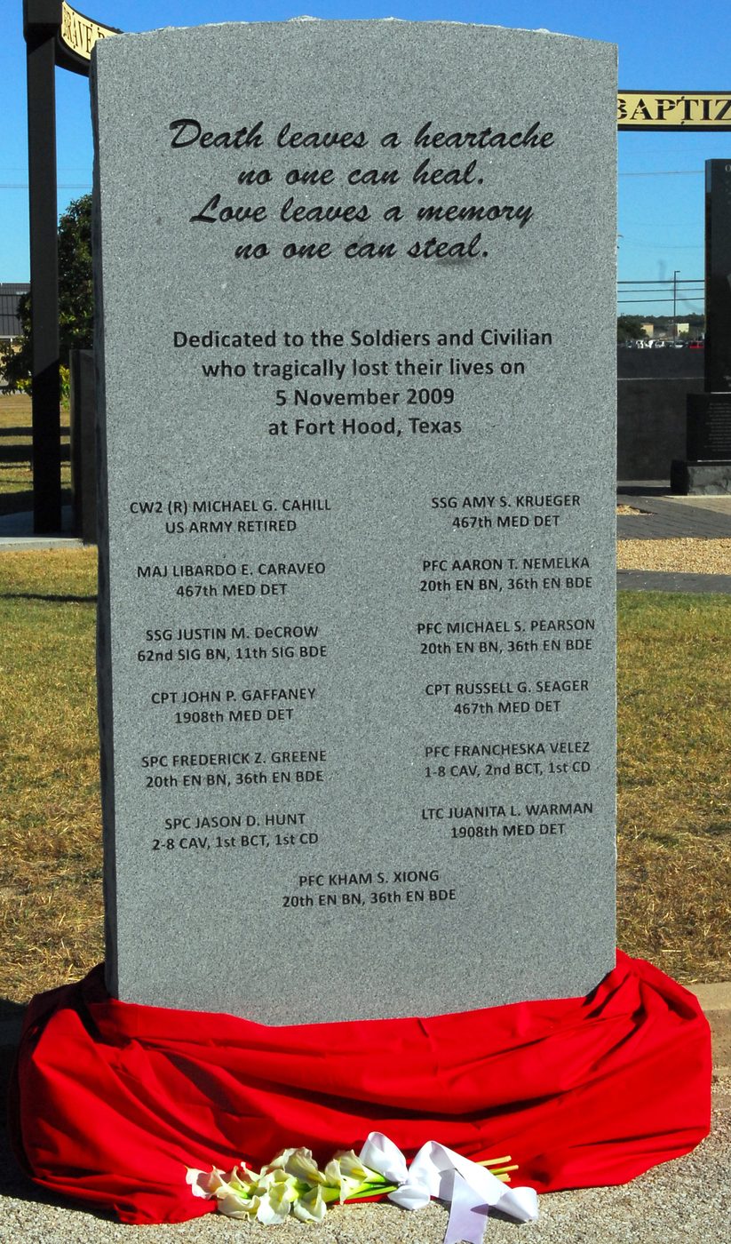 Memorial stone at Fort Hood, Texas, honoring the 13 people killed on Nov. 5, 2009