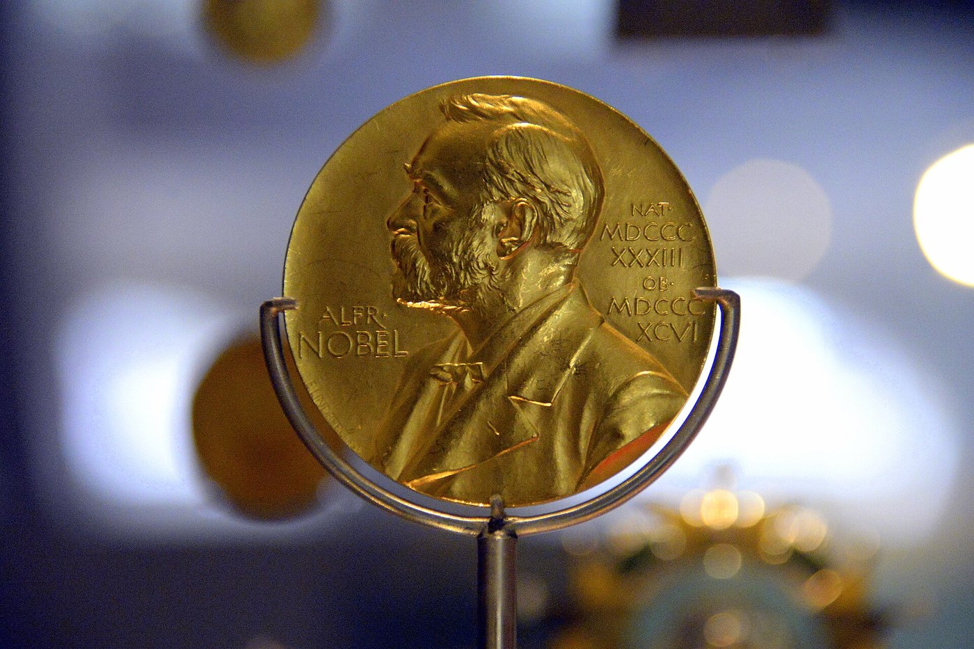 Nobel prize medal for medicine, Sweden, 1945, to Sir Alexander Fleming (1881-1955) who discovered Penicillin. On display