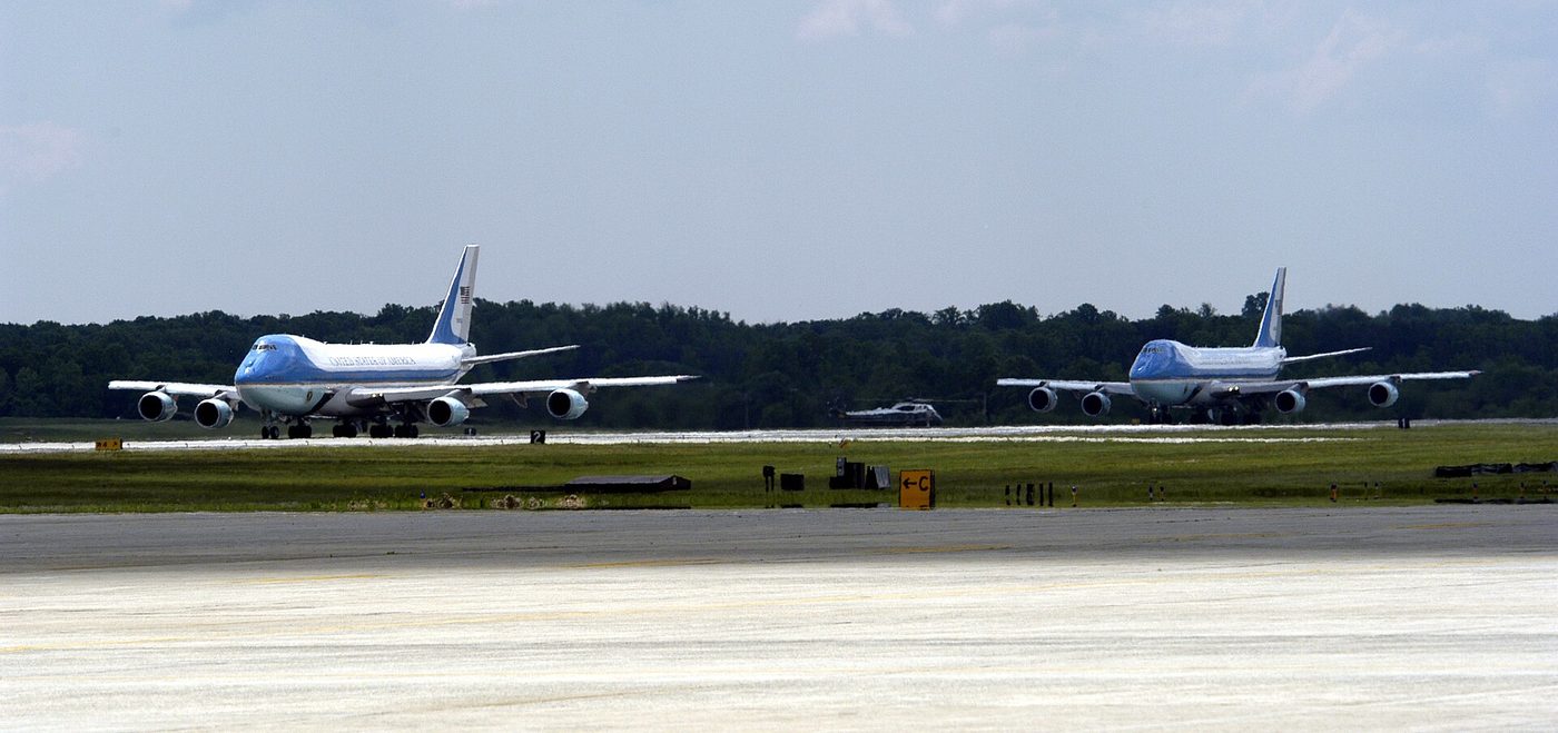 Air Force One and its spare VC-25 jet taxi at Andrews Air Force Base, Maryland, in 2005