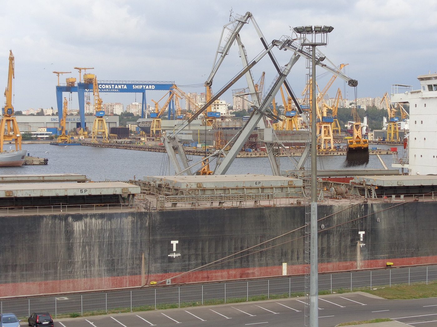 A bulk freighter loading cargo at the port of Constanța, Romania, on the Black Sea