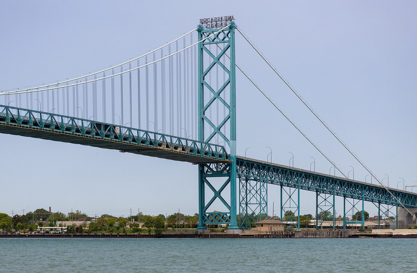 The Ambassador Bridge linking Windsor, Ontario, and Detroit, seen from Windsor in 2025