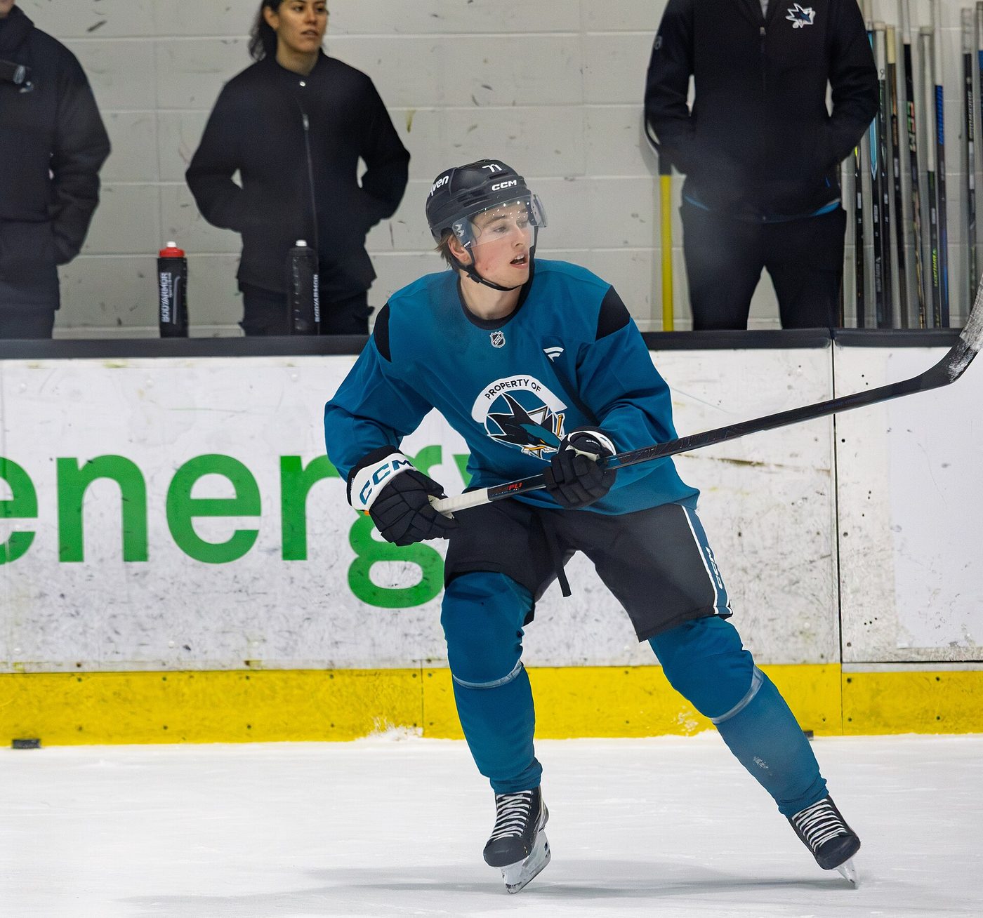 Macklin Celebrini at a San Jose Sharks practice on Oct. 2, 2026