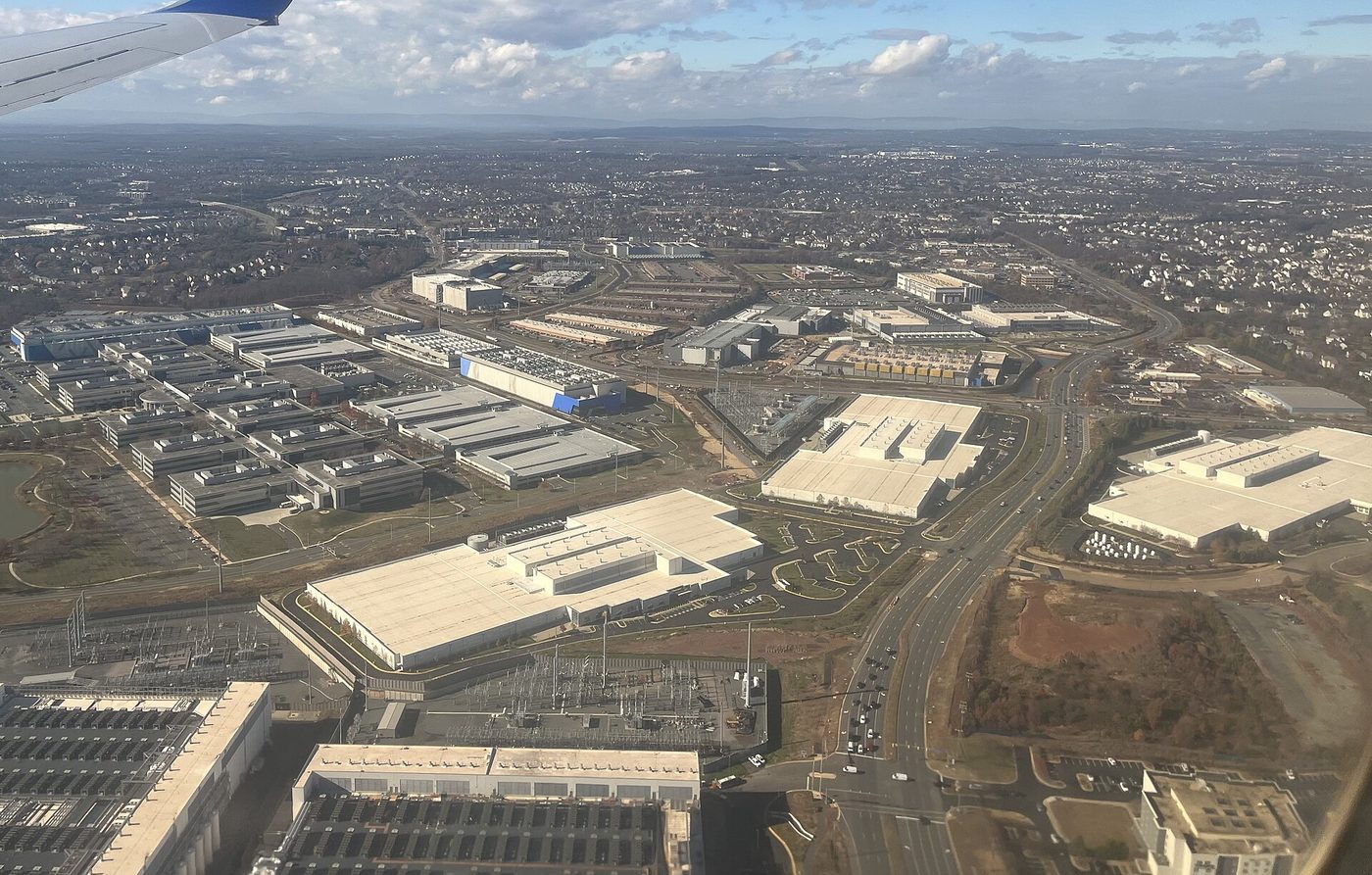 Aerial view of data centers among other buildings in Ashburn, Loudoun County, Virginia