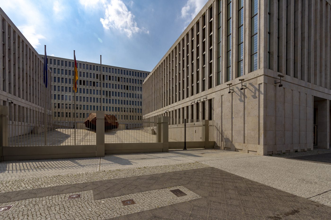 The fenced courtyard and flags at the headquarters of Germany's Federal Intelligence Service (BND) in Berlin