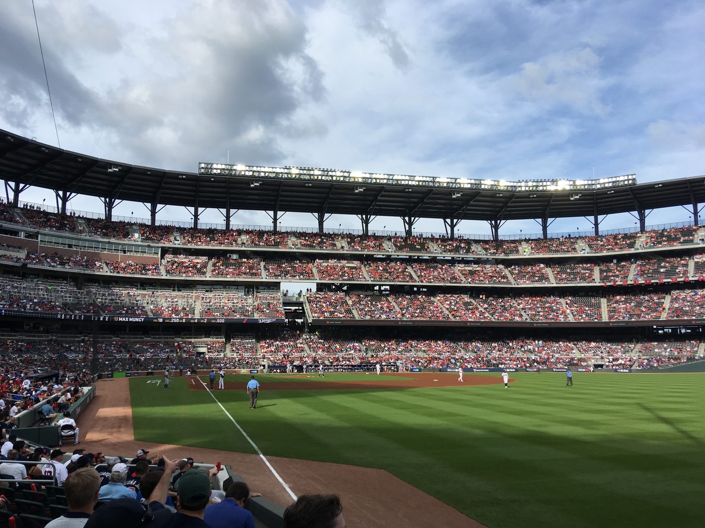 Dodgers play the Braves at Truist Park during 2018 NLDS Game 4, with Max Muncy on the ribbon board
