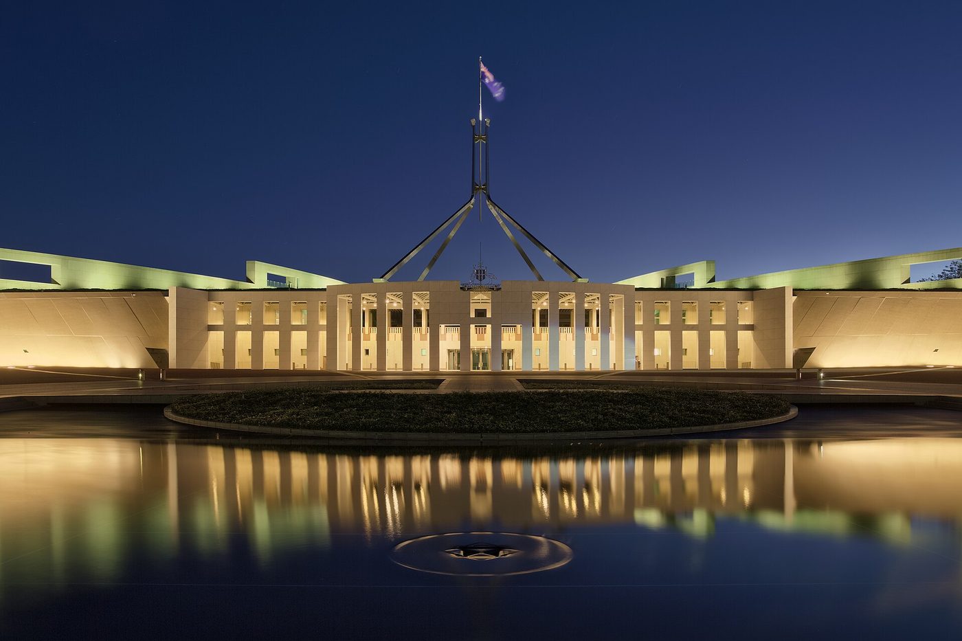 Parliament House in Canberra, Australia, at dusk