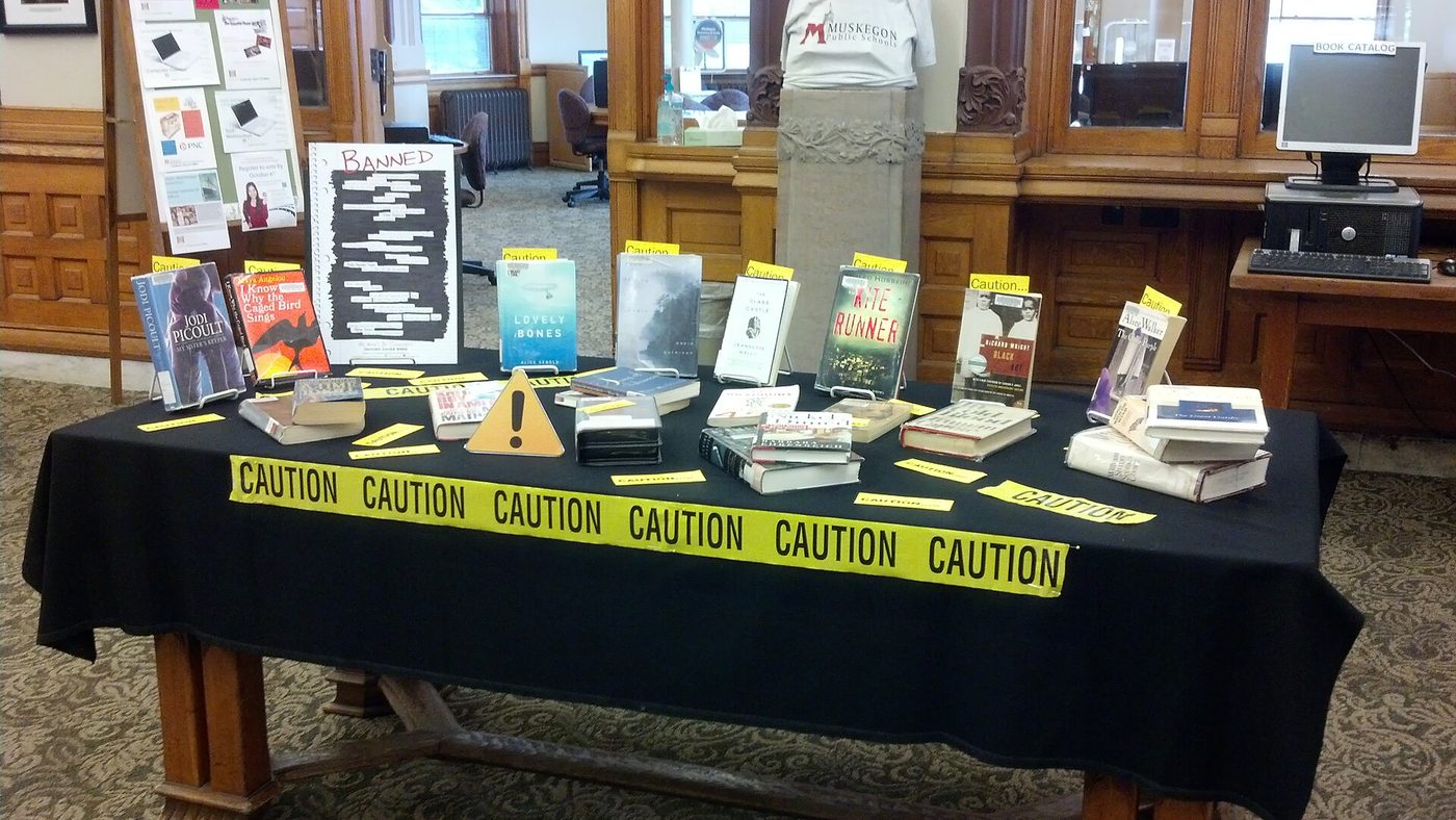 A library display of banned and challenged books