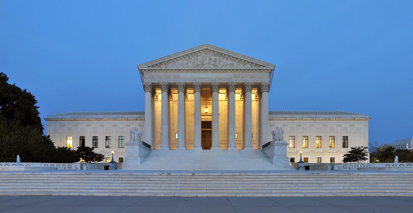 The west front of the U.S. Supreme Court Building at dusk in Washington