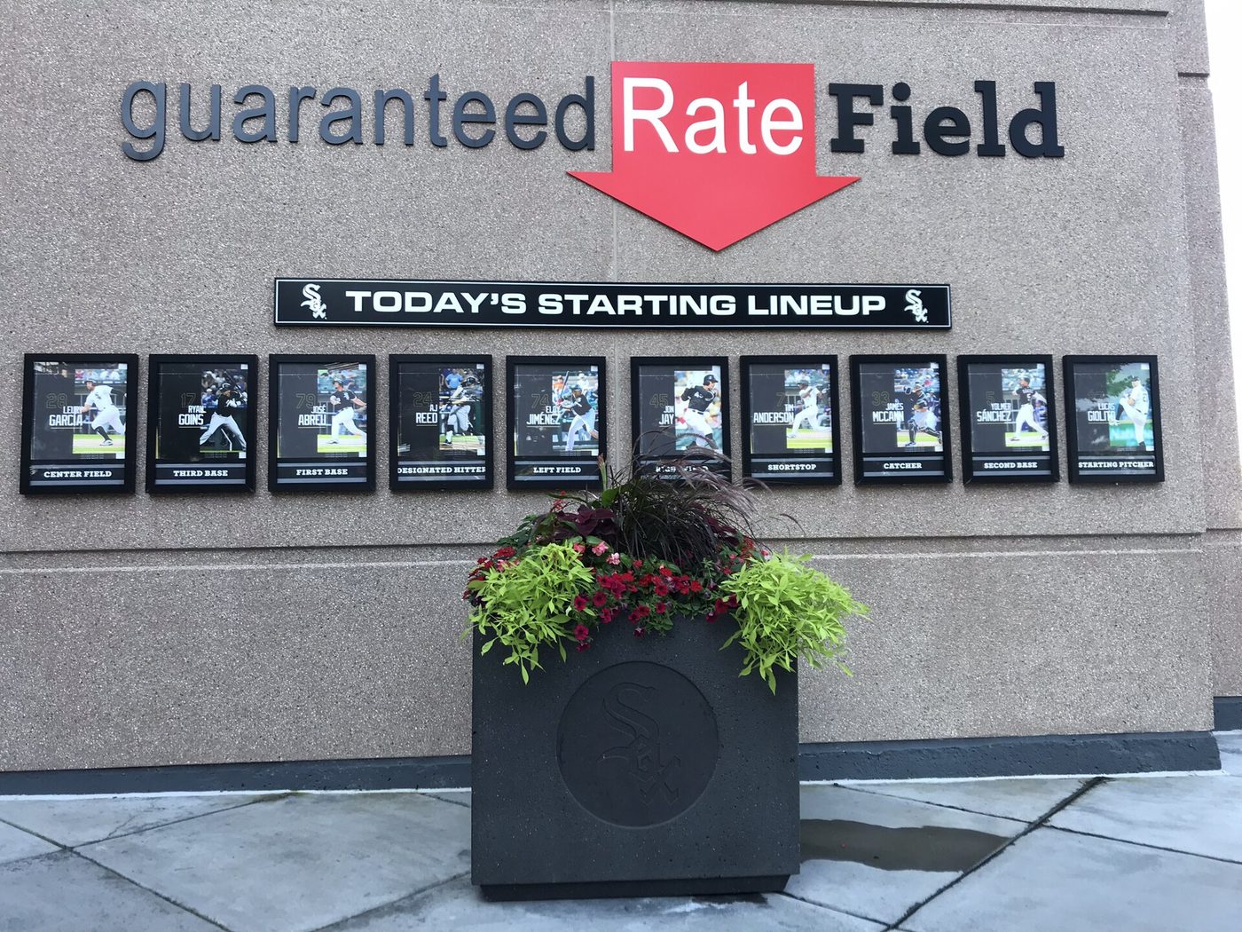 The Guaranteed Rate Field sign and starting-lineup display outside the Chicago White Sox ballpark in 2019