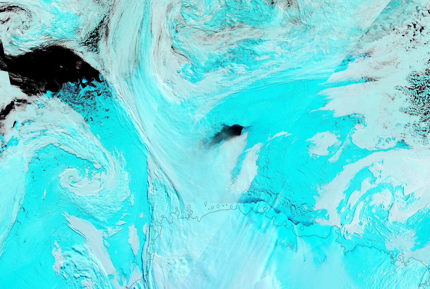 NASA false-color satellite image of the Maud Rise polynya, an opening in Antarctic winter sea ice