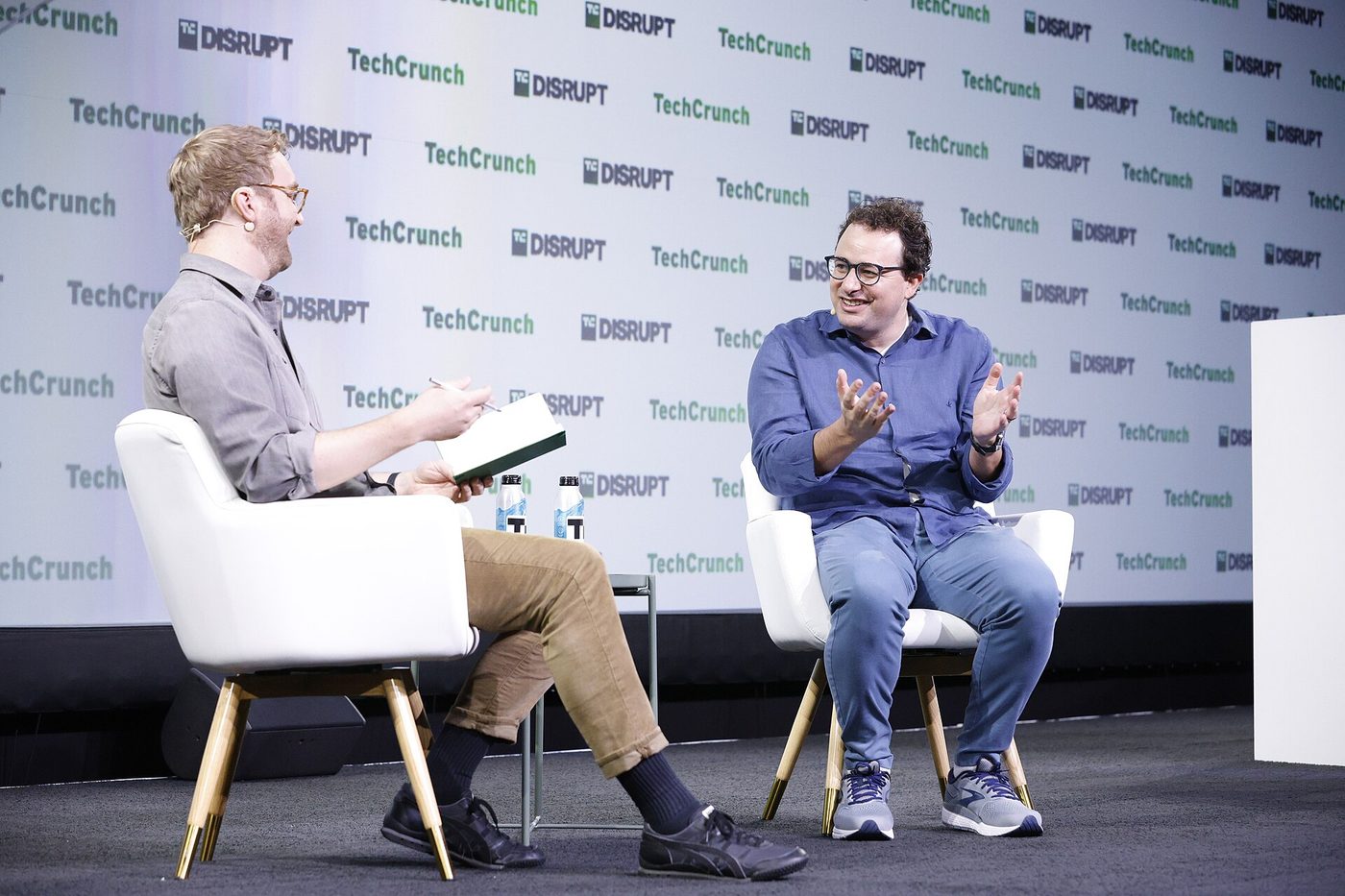 Anthropic CEO Dario Amodei, right, in an onstage interview at TechCrunch Disrupt in 2023