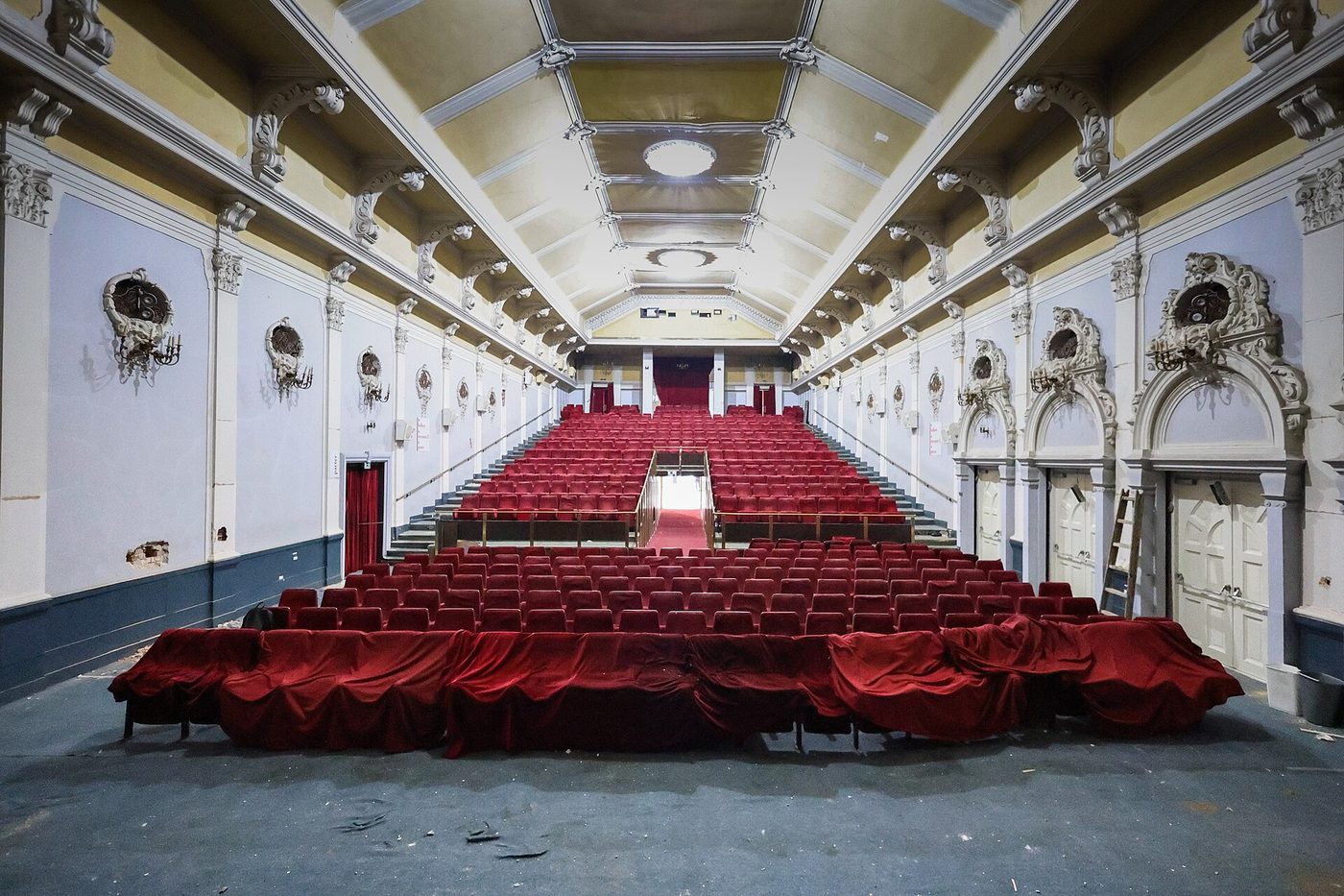 Rows of seats in a movie theater auditorium, the Europa Cinema in Zagreb