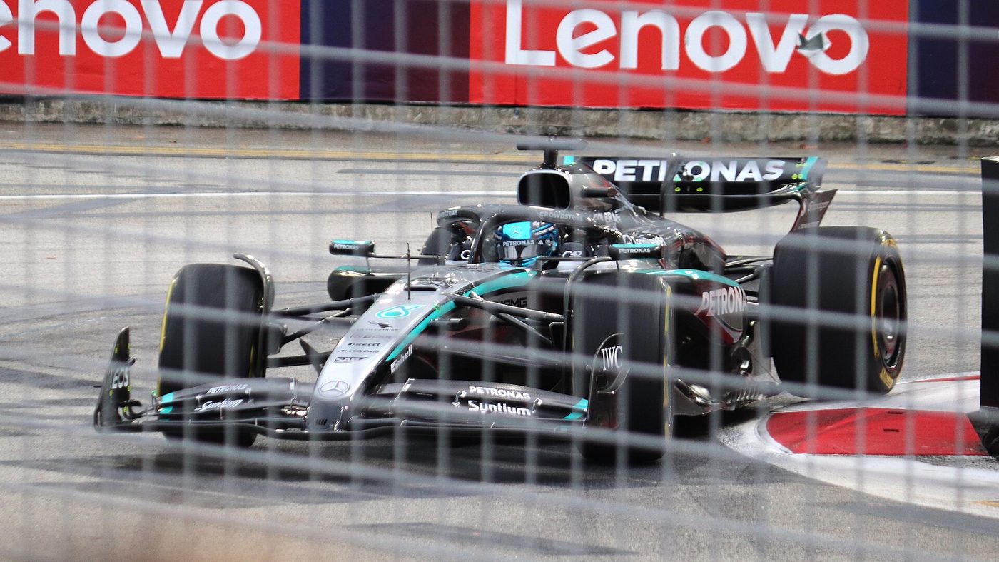 George Russell drives his Mercedes in practice at the 2025 Singapore Grand Prix