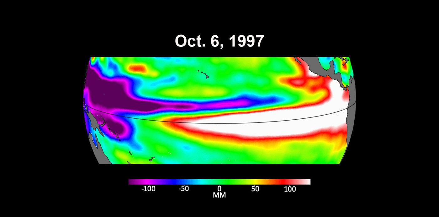 NASA satellite map of Pacific Ocean sea-level height on Oct. 6, 1997, during that year's strong El Niño