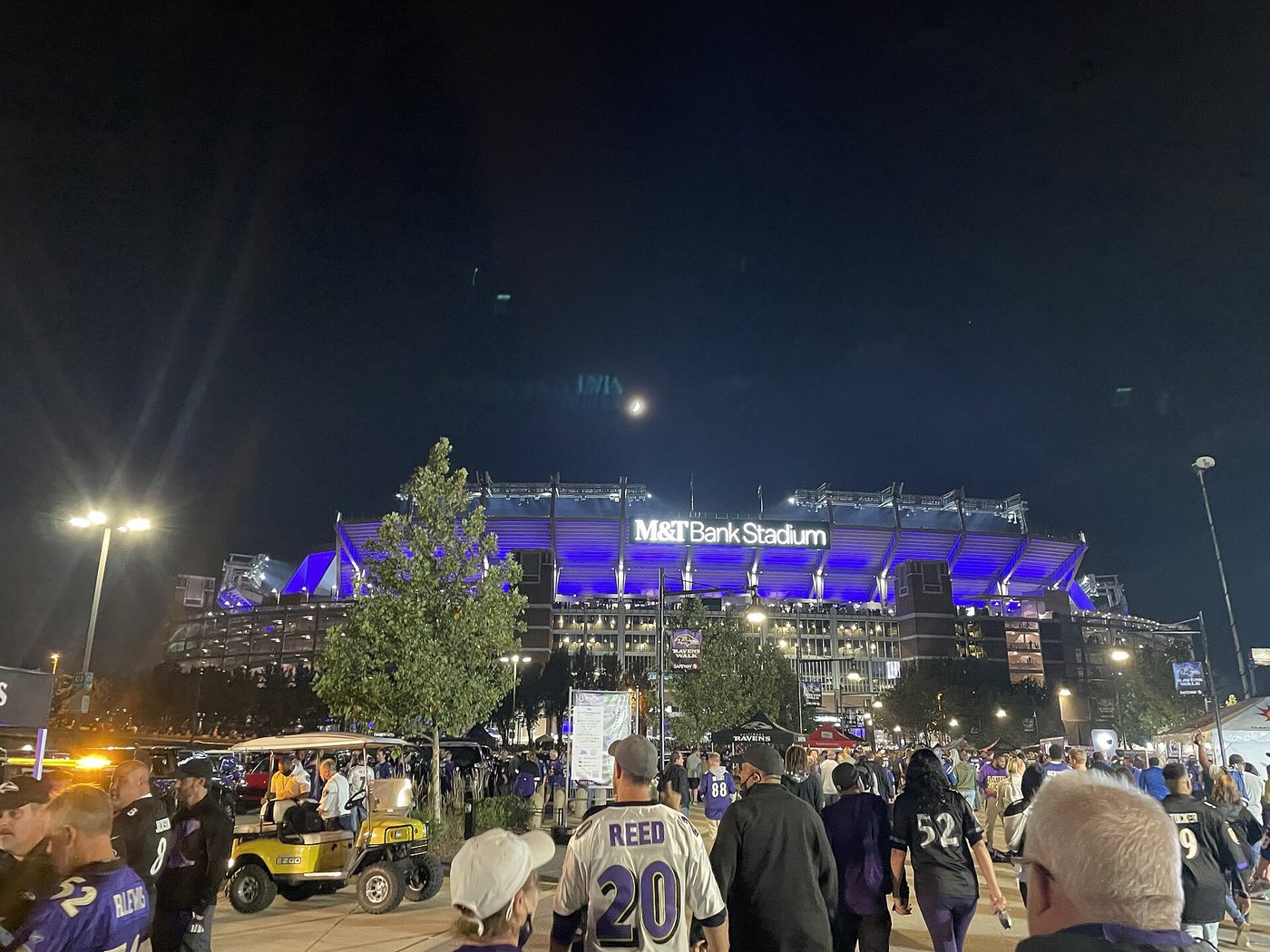 The outside of M&T Bank Stadium, home of the Baltimore Ravens, at night