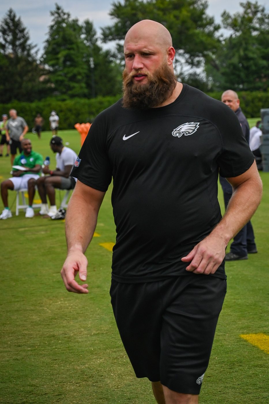 Philadelphia Eagles offensive lineman Lane Johnson walks off the field at training camp in Philadelphia on July 26, 2025
