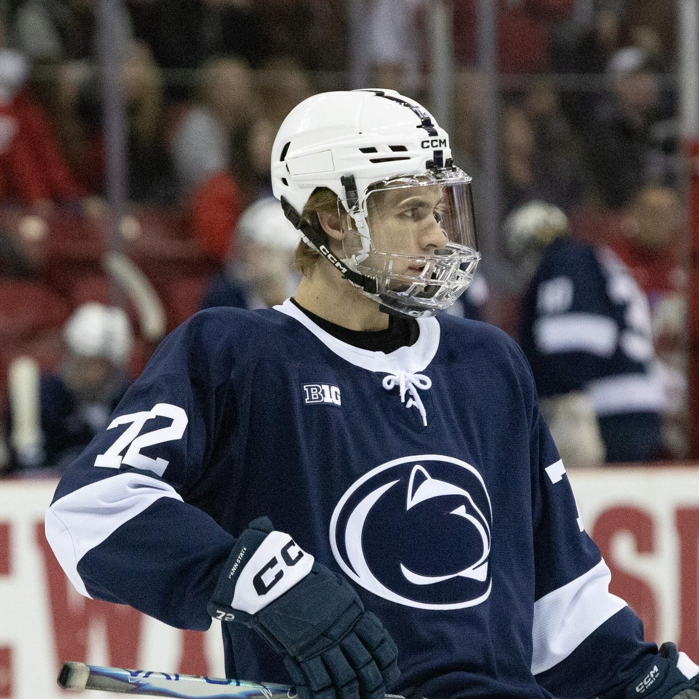 Gavin McKenna waits for a face-off during a college game against Wisconsin in Madison on Jan. 23, 2026