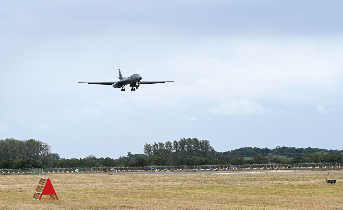 A U.S. Air Force B-1B Lancer prepares to land at RAF Fairford in England on July 15, 2025