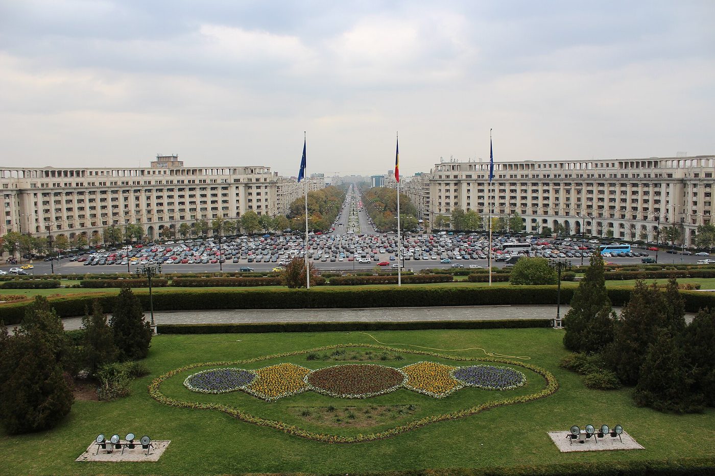 The view from the Palace of the Parliament, seat of Romania's legislature, over its gardens toward central Bucharest