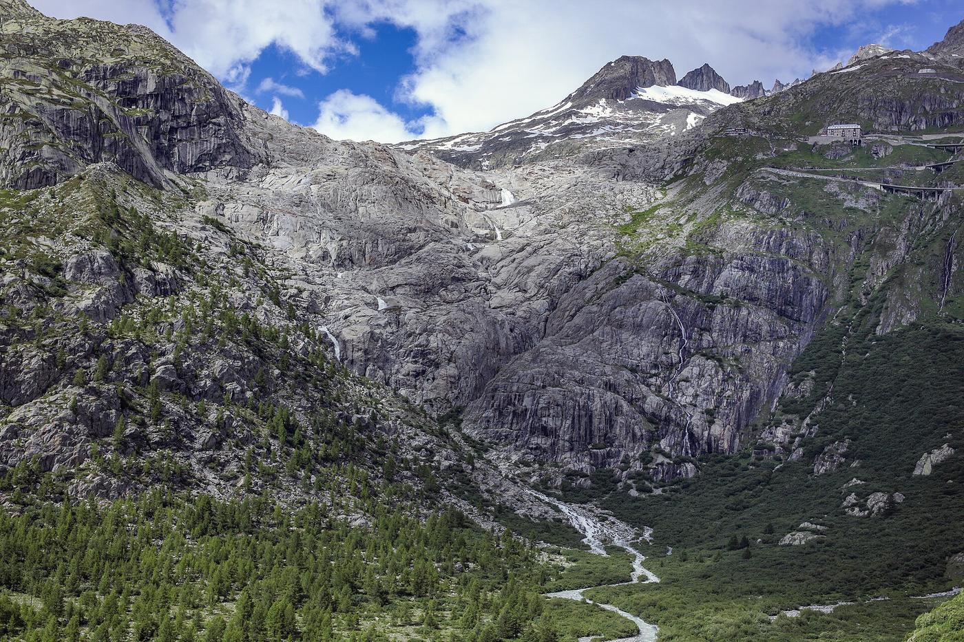 The Rhône Glacier in Switzerland in 2014, with bare rock left behind as it retreats