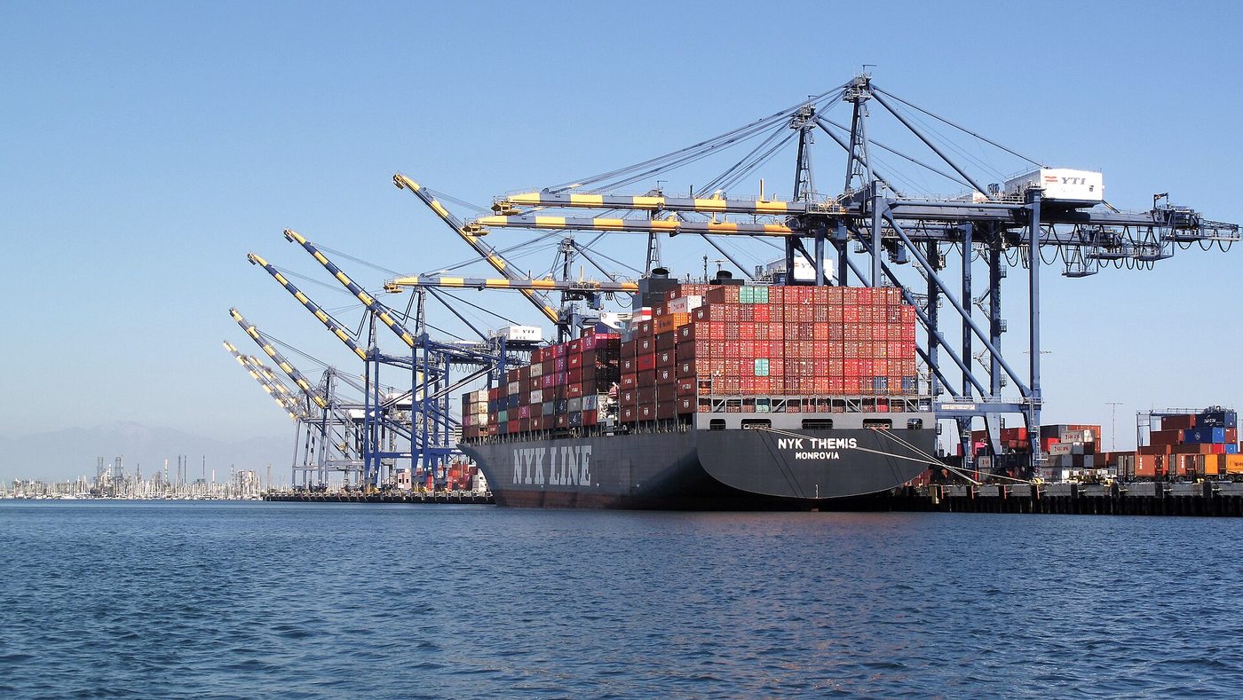 The container ship NYK Themis at the Port of Los Angeles in 2021