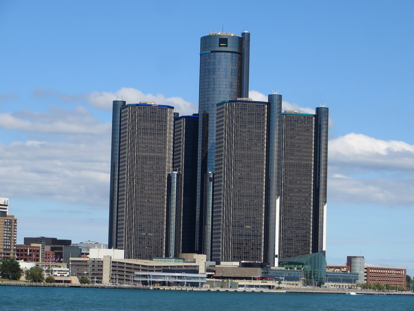 The Renaissance Center towers in downtown Detroit, seen across the river from Windsor, Ontario