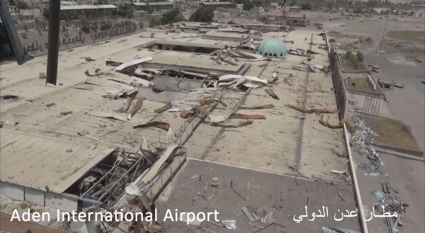 War damage at Aden International Airport in Yemen, photographed in July 2017