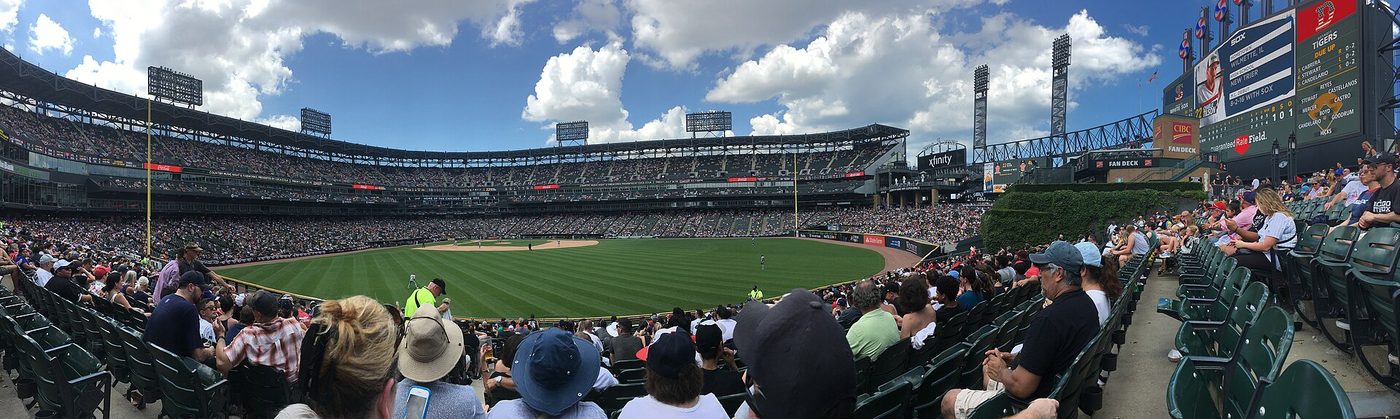 A panorama of the White Sox ballpark in Chicago, then called Guaranteed Rate Field, on July 4, 2019