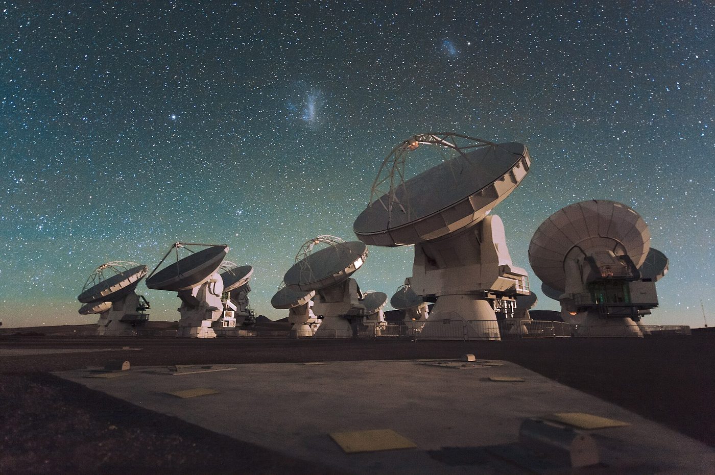Antennas of the Atacama Large Millimeter/submillimeter Array (ALMA) in Chile at night