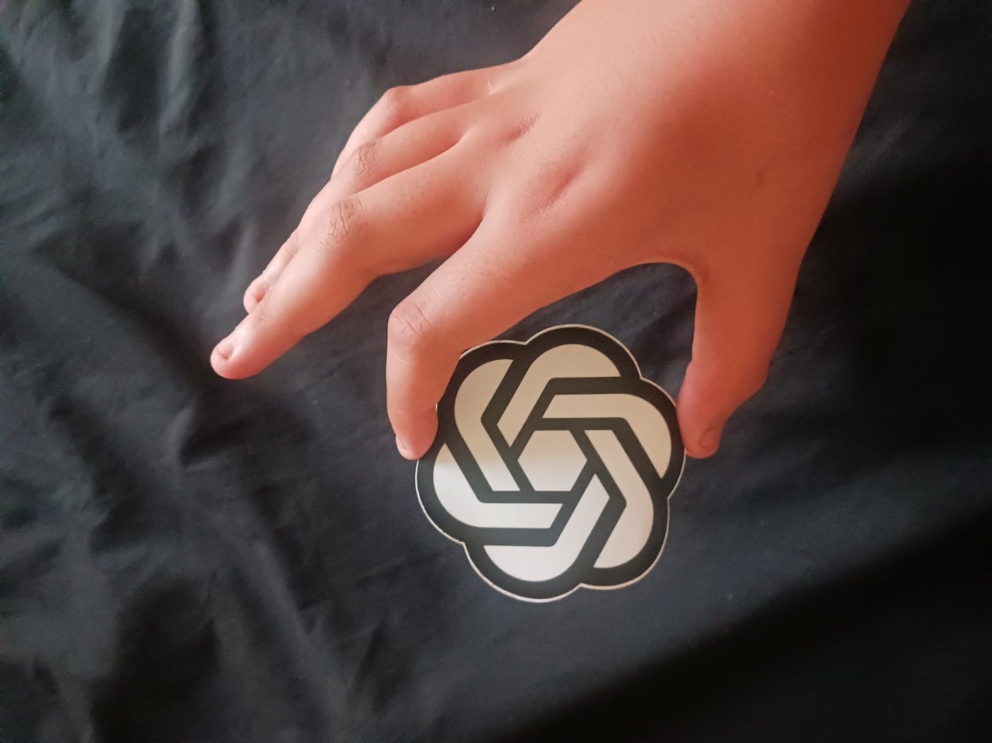 A hand holding an OpenAI logo sticker