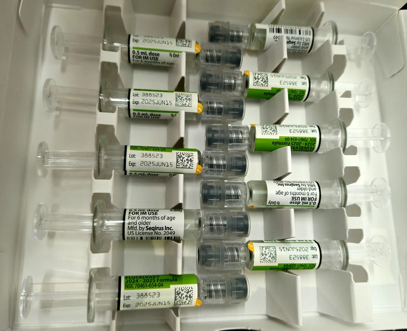A pack of 2024-25 flu vaccine syringes