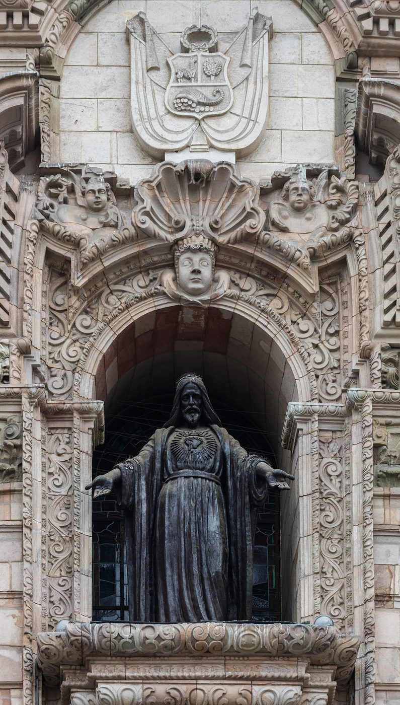 A statue in a niche on the facade of Lima Cathedral in Lima, Peru