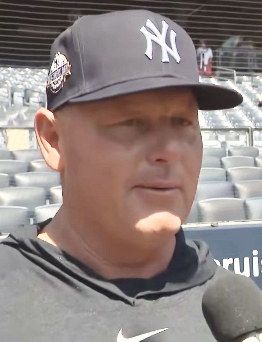 Roger Clemens being interviewed during Old-Timers' Day at Yankee Stadium in 2025