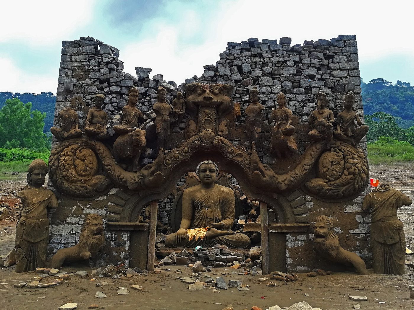 The Kadadora temple, usually under the Kotmale reservoir, exposed during a dry season in Sri Lanka