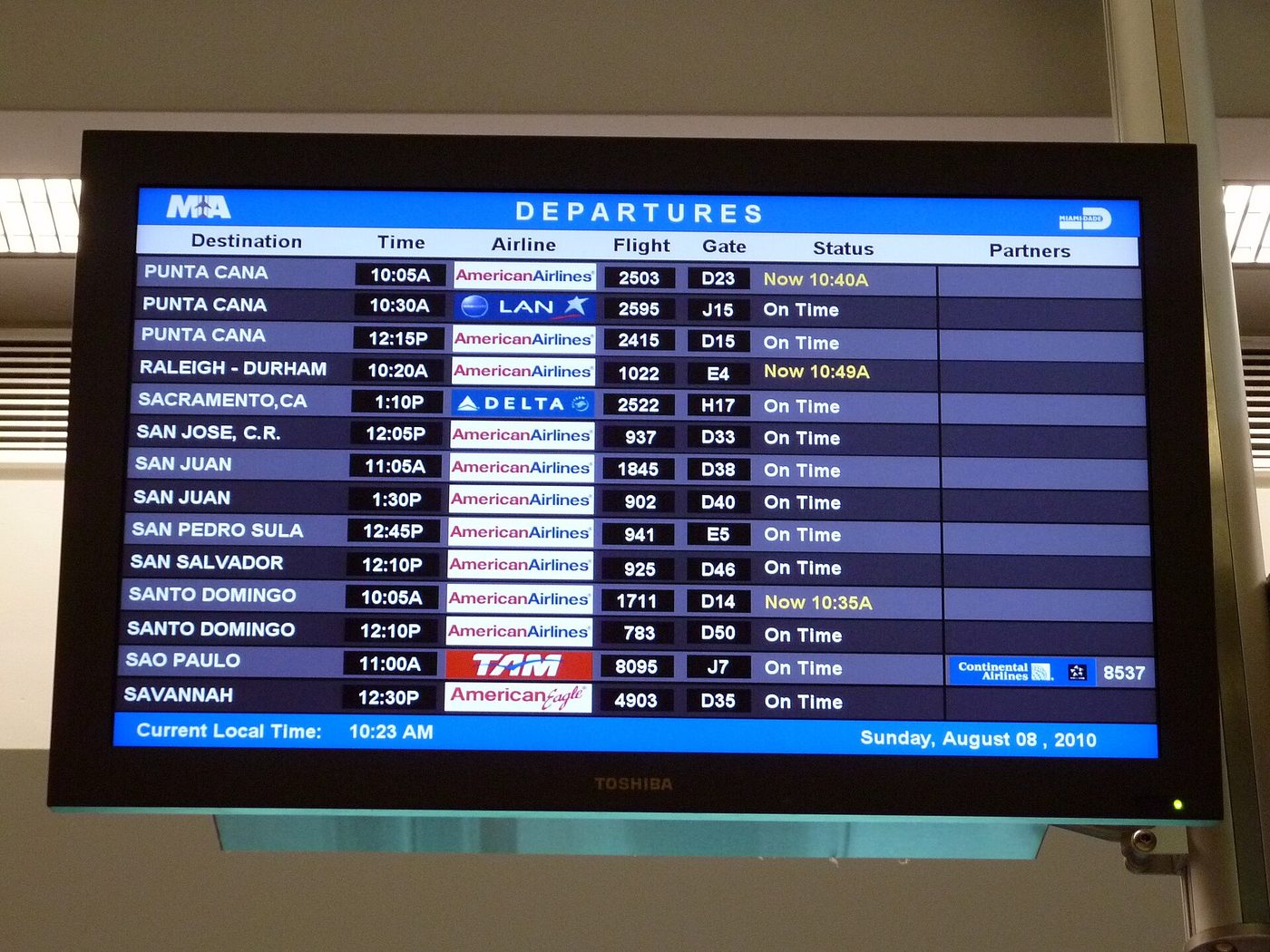 The departures board at Miami International Airport in Florida