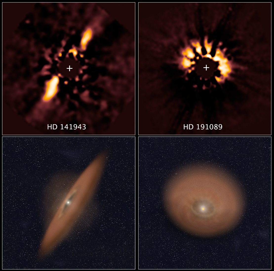 Hubble Space Telescope images of dusty debris disks around young stars, released in April 2014