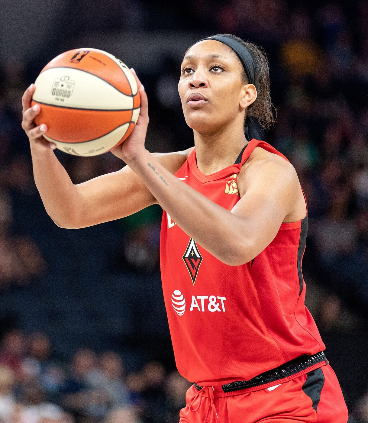 A'ja Wilson of the Las Vegas Aces shoots a free throw against the Minnesota Lynx in 2019