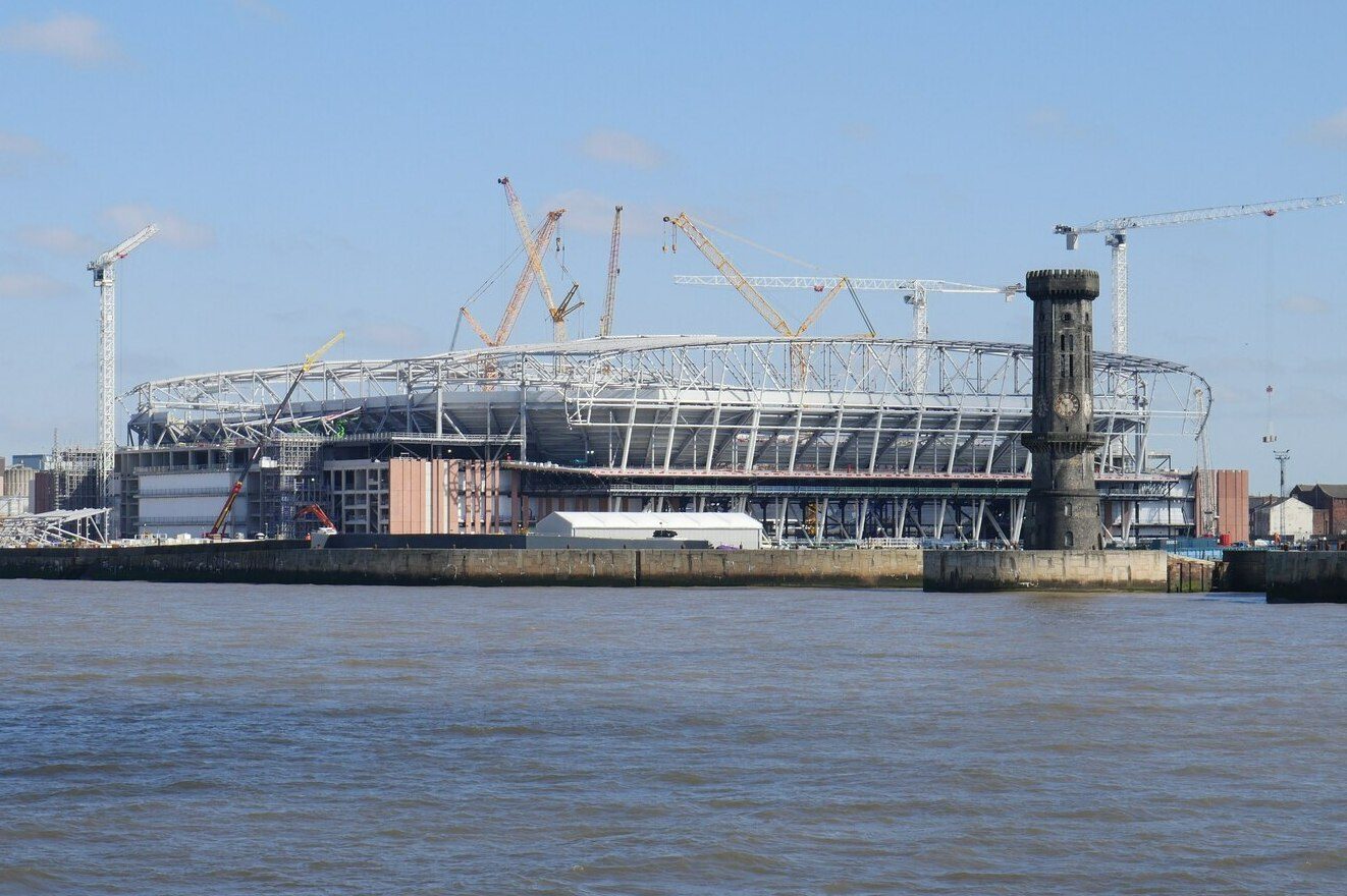 Construction of Everton's new stadium at Bramley-Moore Dock beside Victoria Tower in Liverpool, April 2023